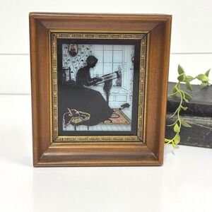 Vintage Reverse Glass Silhouette Painting Woman Embroidering thick Wood frame